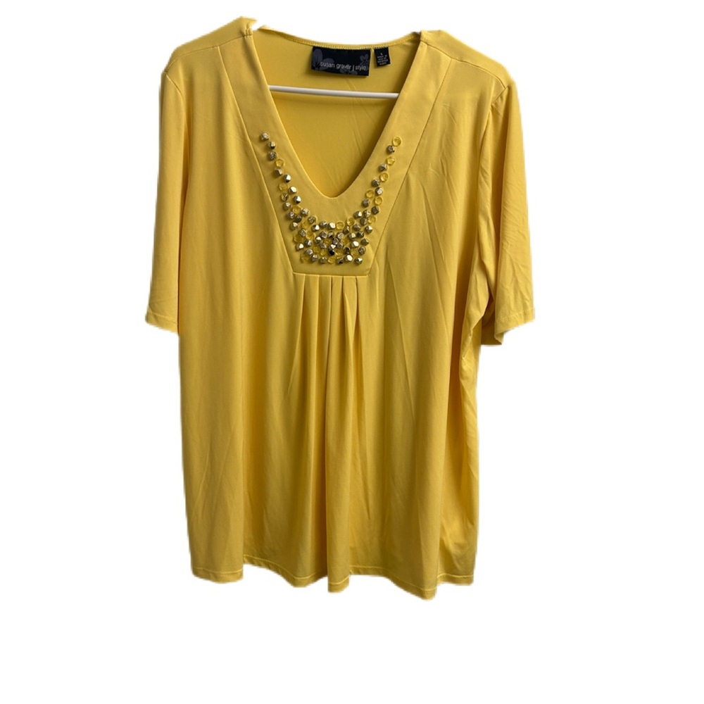 Susan Graver Liquid Knit Deep V-Neck Top with Metallic & Colored Stones Yellow